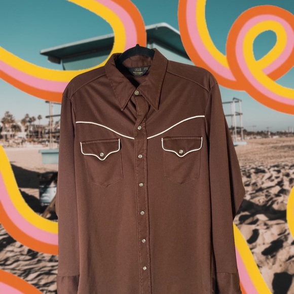 SEARS & ROBUCK Vntg Poly 70s Western Pearl Button Shirt Sz. Large 16-16.5 Brown - Picture 7 of 8